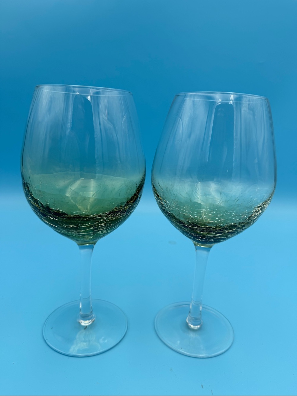 2 PIER 1 TEAL CRACKLE BALLOON WHITE WINE GLASS GOBLETS,  8 3/4”, Retired